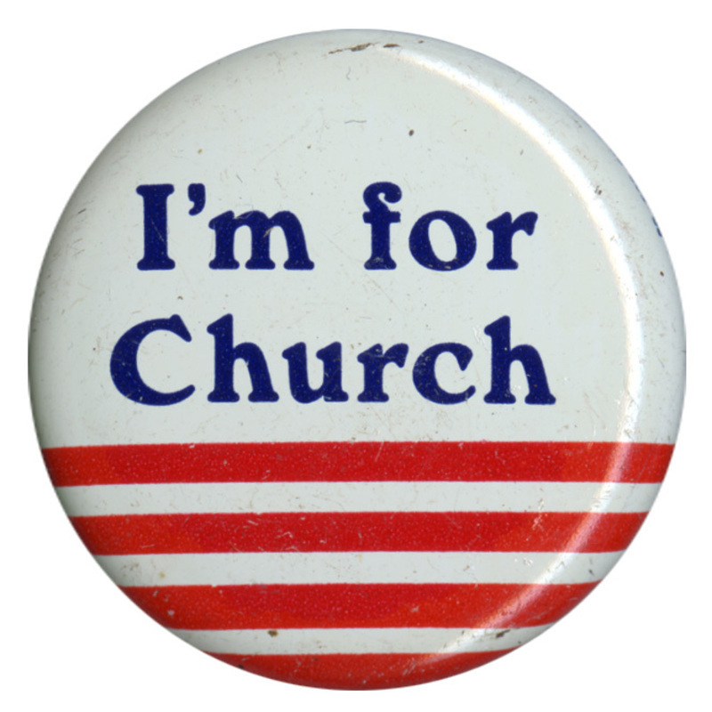 Round, white button with horizontal red stripes and blue text reading "I'm for Church"