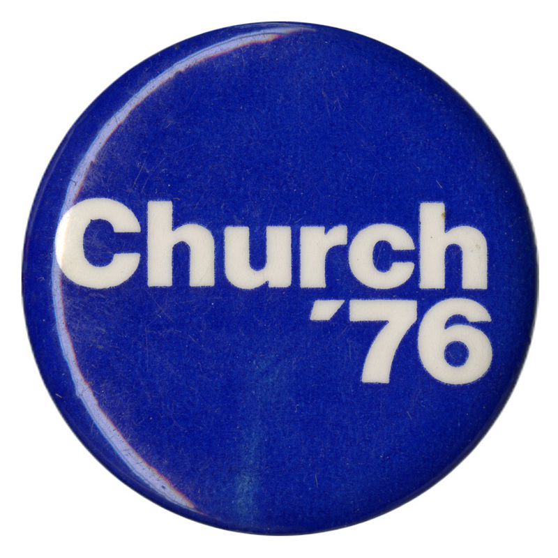 Round, blue button with white text reading "Church '76"