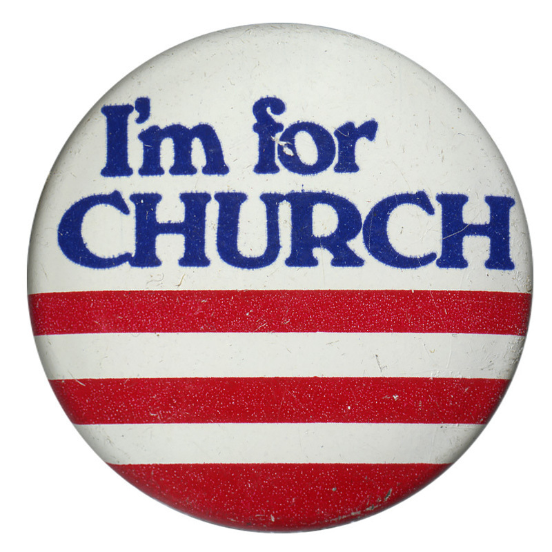 Round, white button with horizontal red stripes and blue text reading "I'm for Church"