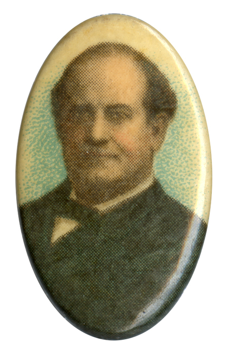 Oval button with a portrait of William Jennings Bryan