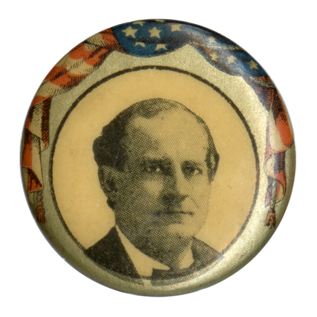 Round button with a portrait of William Jennings Bryan, bordered by the US flag.