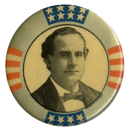 Round button with a portrait of William Jennings Bryan, bordered by the US stars and stripes.