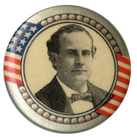 Round button with a portrait of William Jennings Bryan, bordered by the US stars and stripes.