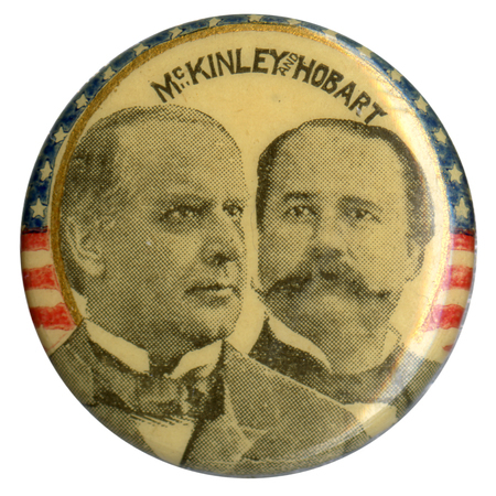 Round button with portraits of William McKinley and Garrett Hobart, bordered by the US stars and stripes.