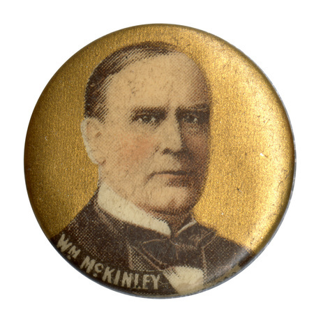 Round, gold button with a portrait of William McKinley and the text: "Wm McKinley."