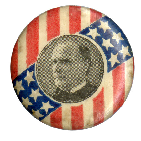 Round button with a portrait of William McKinley, bordered by the US stars and stripes.