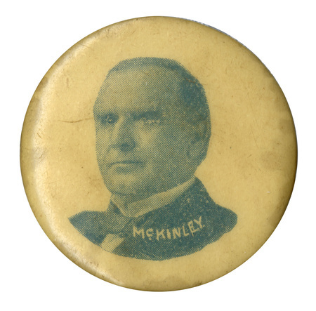 Round, white button with a faded portrait of William McKinley and the text: "McKinley."