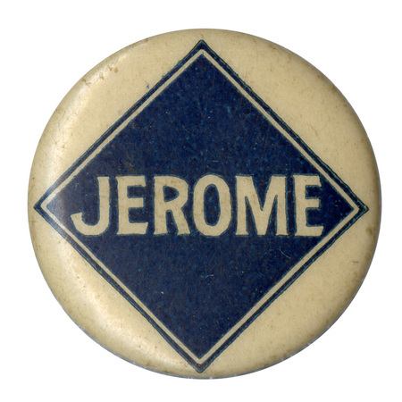 Round, blue button with a white border and white text reading: "Jerome".