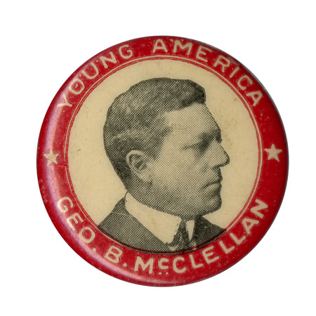 Round, white button with a red border, and portrait of George B. McClellan, Jr., and the text: "Young America Geo. B. McClellan".