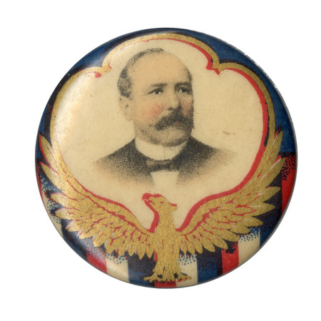 Round, white button bordered by a gold eagle and US flag, and a portrait of Alton Parker. 