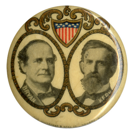 Round, white button with gold embellishments around two portraits of William Jennings Bryan and John Kern, with a US flag emblem at the top. 
