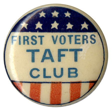 Round, white button with a US flag border and blue text reading "First Voters Taft Club".