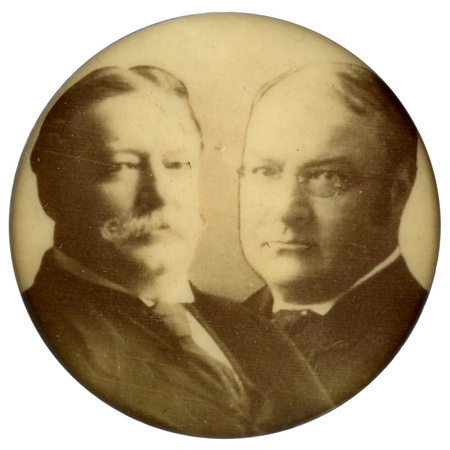 Round button with black and white portraits of William Howard Taft and James S. Sherman.