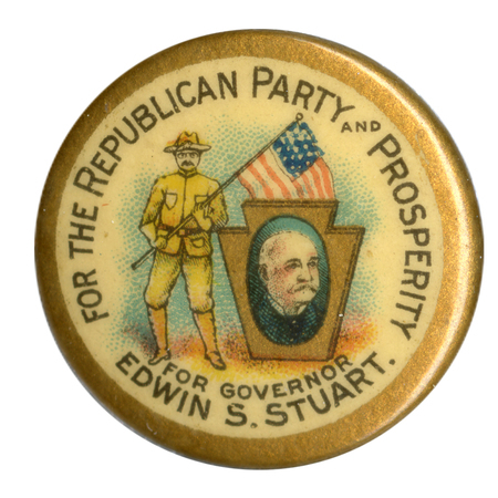 Round, white button with a gold border and text reading "For the Republican Party and Prosperity" at the top, with a drawing of Theodore Roosevelt bearing an American flag, and a portrait labeled "For Governor Edwin S. Stuart" in black text on the bottom.