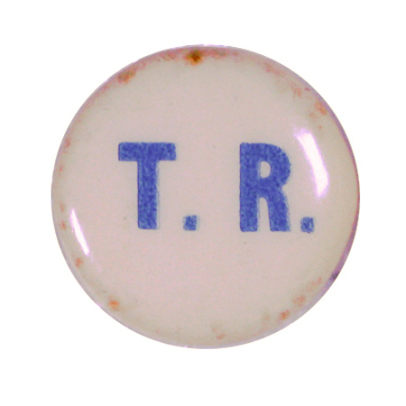 Round, white button with blue text that reads: "T.R."