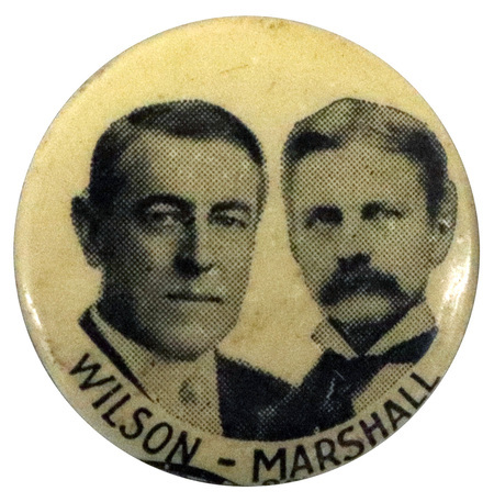 Round, white button with black and white portraits of Woodrow Wilson and Thomas Marshall, and black text reading "Wilson - Marshall" at the bottom. 