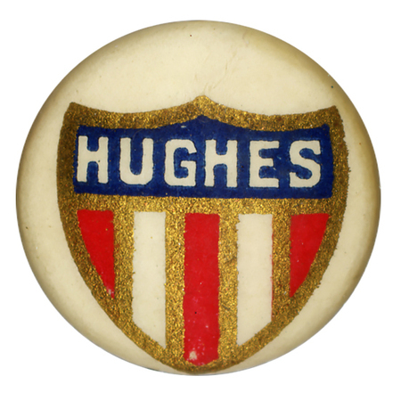 Round, white button with a red, white, and blue crest with a gold border. Bold white text reads "Hughes" at the top of the crest.  