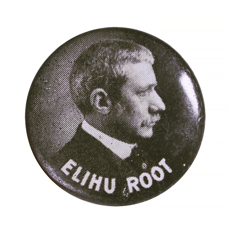 Round button with a black and white portrait of Elihu Root, and bold white text reading "Elihu Root" at the bottom. 