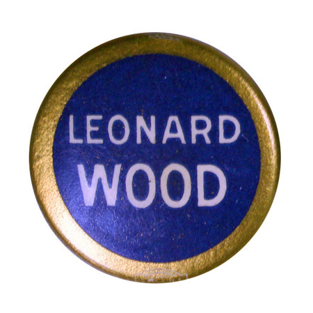 Round, blue button with gold border and white text reading "Leonard Wood".