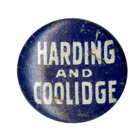 Round, blue button with white text reading "Harding and Coolidge".