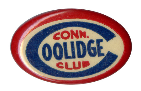 Red, white, and blue oval pin with text "Conn. Club Coolidge" in bold letters, within a larger letter 'C'. 