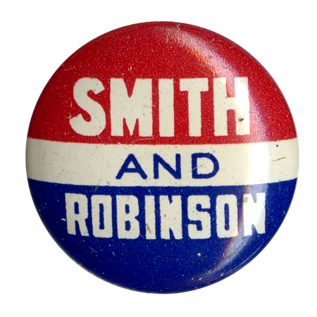 Round button with three red, white, and blue horizontal stripes, and bolded font reading "Smith and Robinson". 