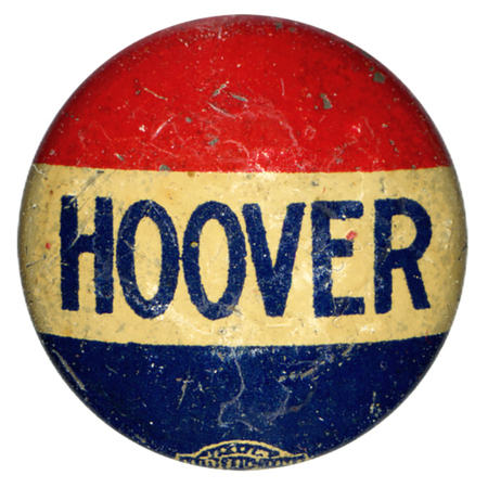 Round button with three red, white, and blue horizontal stripes, and bolded font reading "Hoover" along the white stripe. 