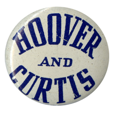 Round, white button with blue font reading "Hoover and Curtis". 