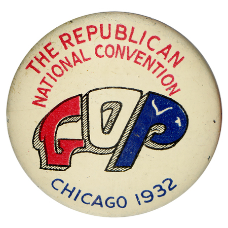 Round, white button with a graphic of the letters "GOP" in red, white, and blue. Red text at the top reads: "The Republican National Convention", and the bottom text is in blue and reads "Chicago 1932". 