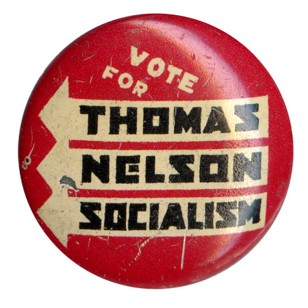 Round, red button with bold text: "Vote for Thomas Nelson Socialism", featuring stylized arrows.