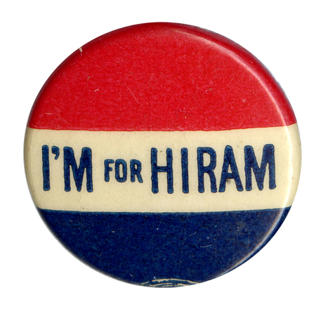 Round button with three red, white, and blue stripes, and blue text reading "I'm for Hiram" across the white stripe.