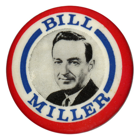 Round button with red and blue stripes and a black and white portrait of William Miller. Text reads "Bill Miller."
