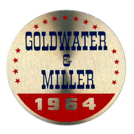 Round, metallic button with red stars and text reading "Goldwater & Miller 1964"