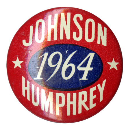 Round, red button with white stars and text reading "Johnson Humphrey 1964"
