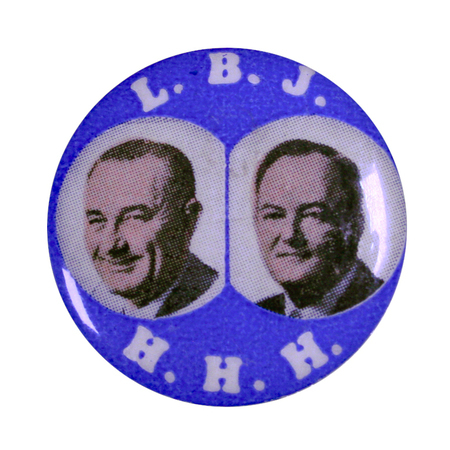 Round, blue button with portraits of Lyndon B. Johnson and Hubert Humphrey and white text reading "L. B. J., H. H. H."