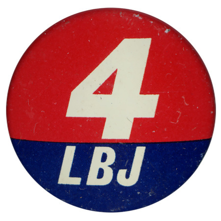 Round, red and blue button with white text reading "4 LBJ"