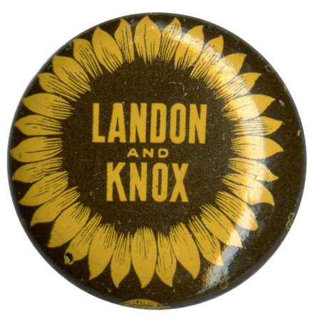 Round, brown button featuring a yellow sunflower with yellow text reading "Landon and Knox" in the center.