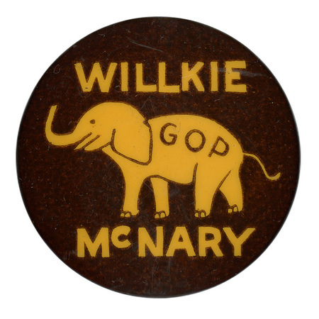Round, brown button with a yellow-colored elephant with the letters "GOP" on the elephant's side, and yellow text reading "Willkie McNary".
