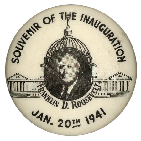 Round, white button with an illustration of the U.S. Capitol and a portrait of Franklin Roosevelt at its center. Features black text reading "Souvenir of the Inauguration Franklin D. Roosevelt Jan. 20th, 1941."