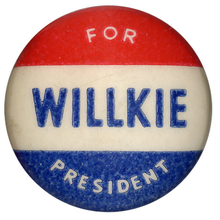 Round button with three horizontal stripes of red, white, and blue. Text across all three stripes reads "Willkie For President". 