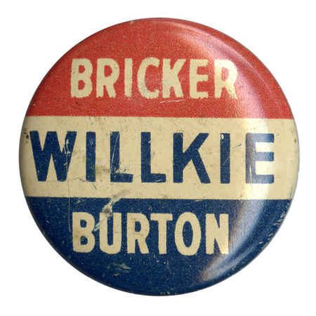 Round button with three horizontal stripes of red, white, and blue. Text across all three stripes reads "Bricker Willkie Burton".