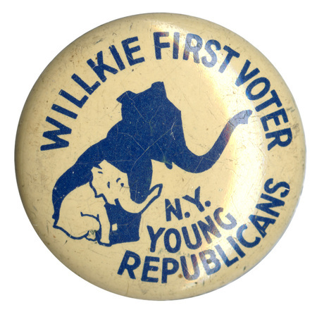 Round, white button with an elephant and its shadow. Blue text reads from top to bottom "Willkie First Voter N.Y. Young Republicans".