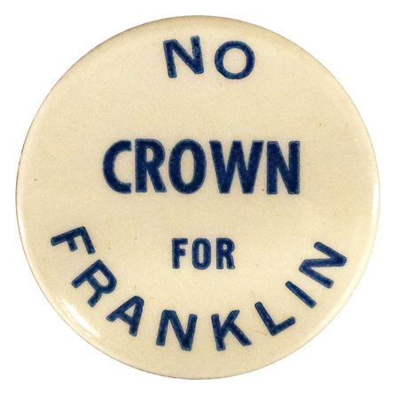 Round, white button with light blue text reading "No Crown for Franklin".