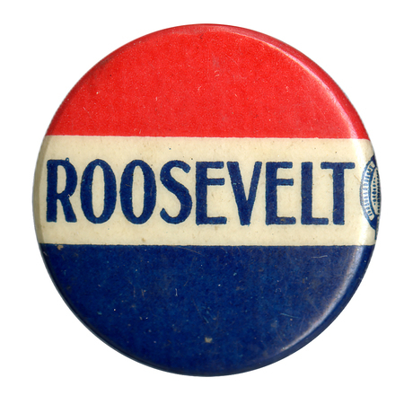 Round button with three red, white and blue horizontal stripes. Along the white stripe is blue text that reads "Roosevelt". 