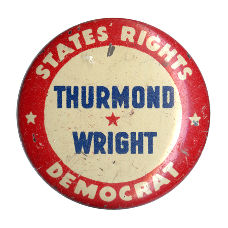 Round, white button with a red border. Blue text in the center reads "Thurmond Wright" and white text within the red border reads "States rights democrat".
