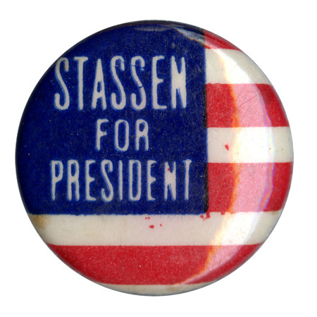 Round button with US flag design. White text reads "Stassen for president".