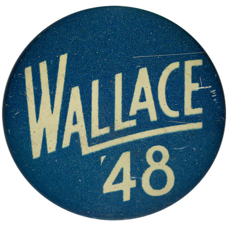 Round, blue button with white text reading "Wallace '48". 
