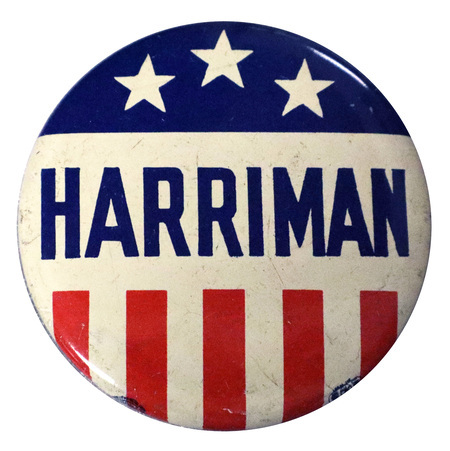 Round button with US flag design. Blue text at the center reads "Harriman". 