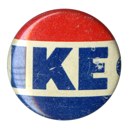 Round button with three horizontal stripes of red, white, and blue. Bold blue font reads "Ike". 