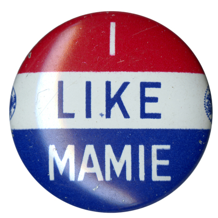 Round button with three horizontal stripes of red, white, and blue. Text across all three stripes reads "I like Mamie". 
